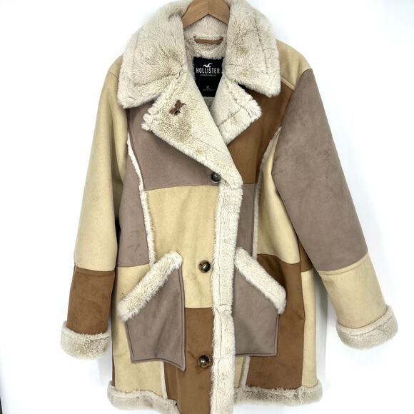 Hollister Womens Patchwork Faux Suede Coat Y2K Penny Lane Style  Size XL - Picture 1 of 8